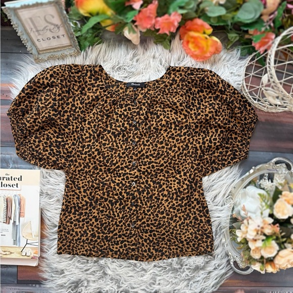 Madewell Balloon-Sleeve Button-Up Top in Painted Leopard, S - Picture 2 of 8